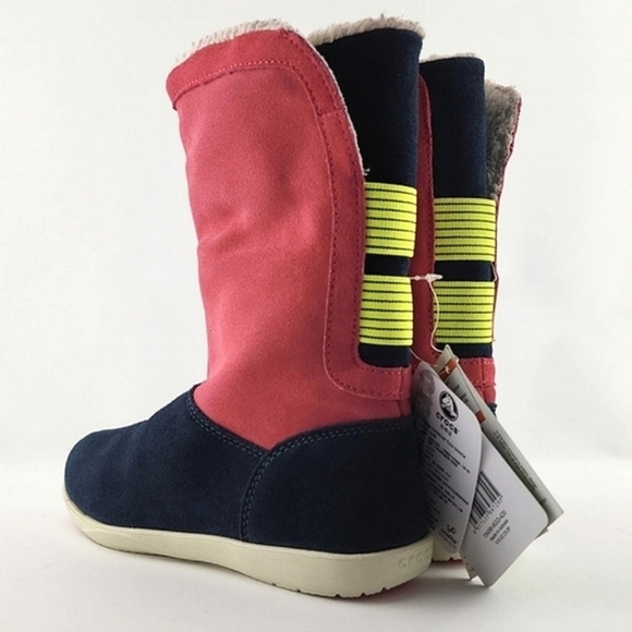 Crocs Adela Women's Foldover Fuzz Leather  Pink Boots Poppy Stucco Navy Size 6 - Picture 6 of 15